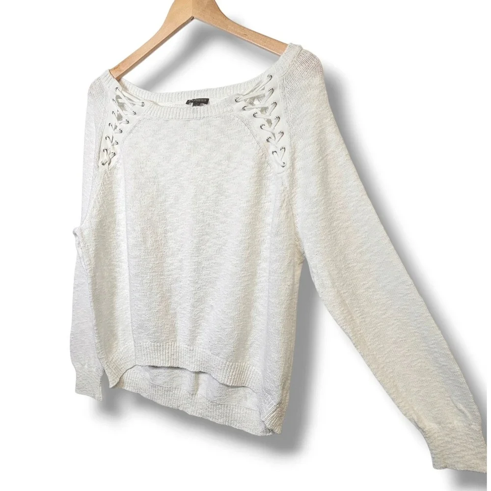 Express Sweater L Womens White Lace Up Shoulder Cotton Knit Cottagecore Coastal